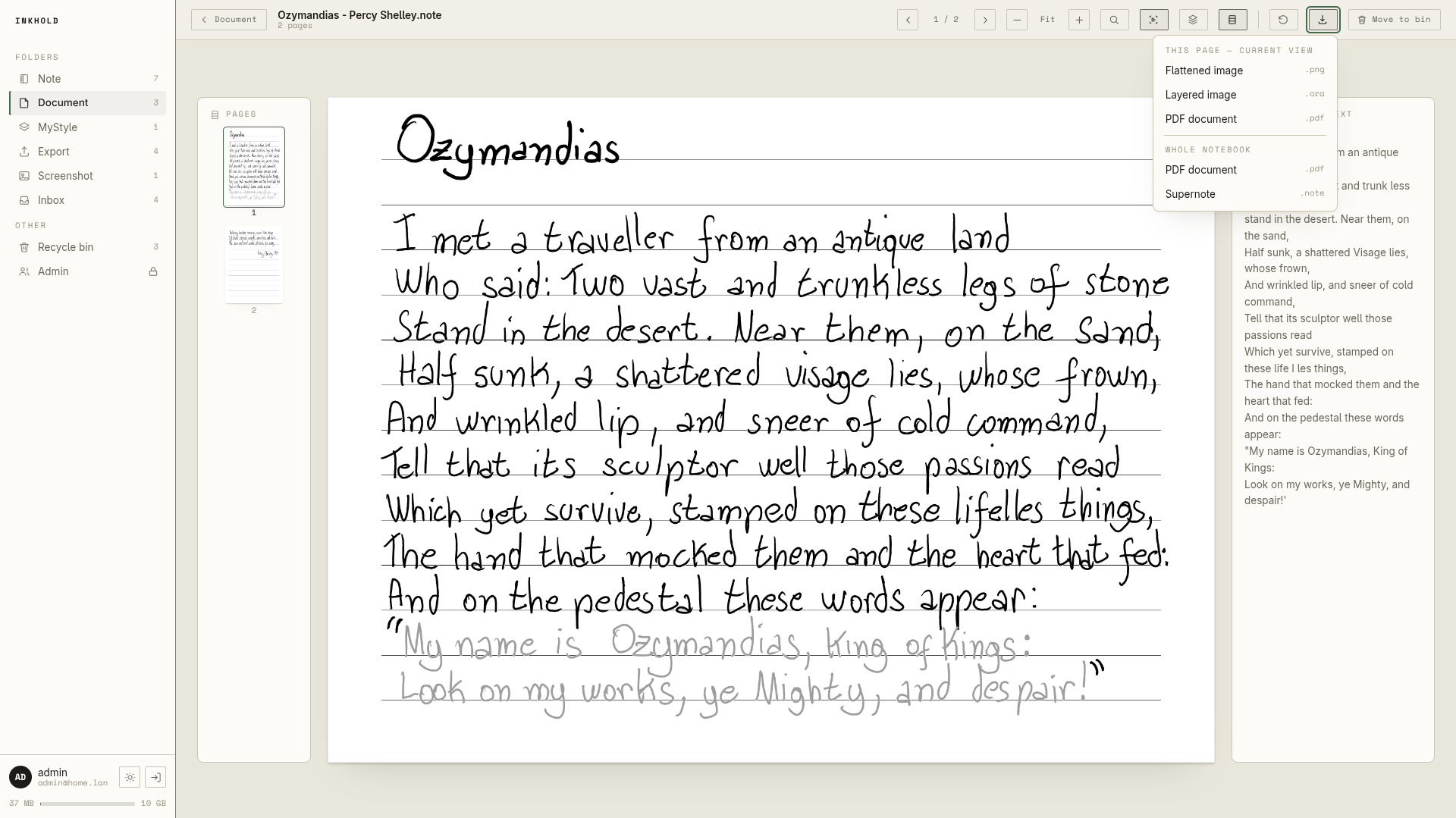 The export menu offering this page as PNG, ORA or PDF, and the whole notebook as a PDF document or the raw notebook file.