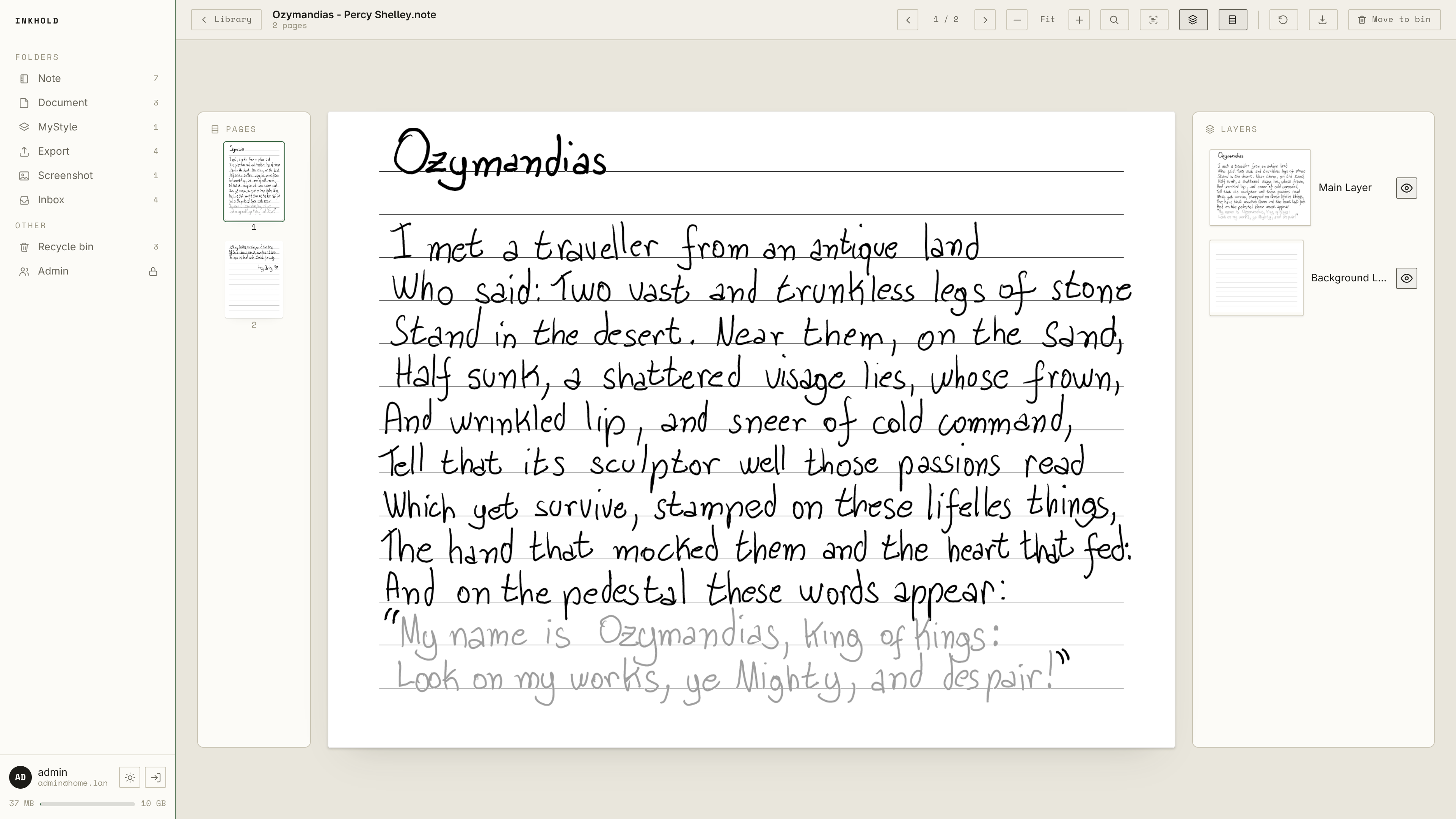 A notebook open in the reader with the Layers panel showing Layer 3, Layer 2, Layer 1, Main Layer and Background Layer, each with its own thumbnail and visibility toggle.