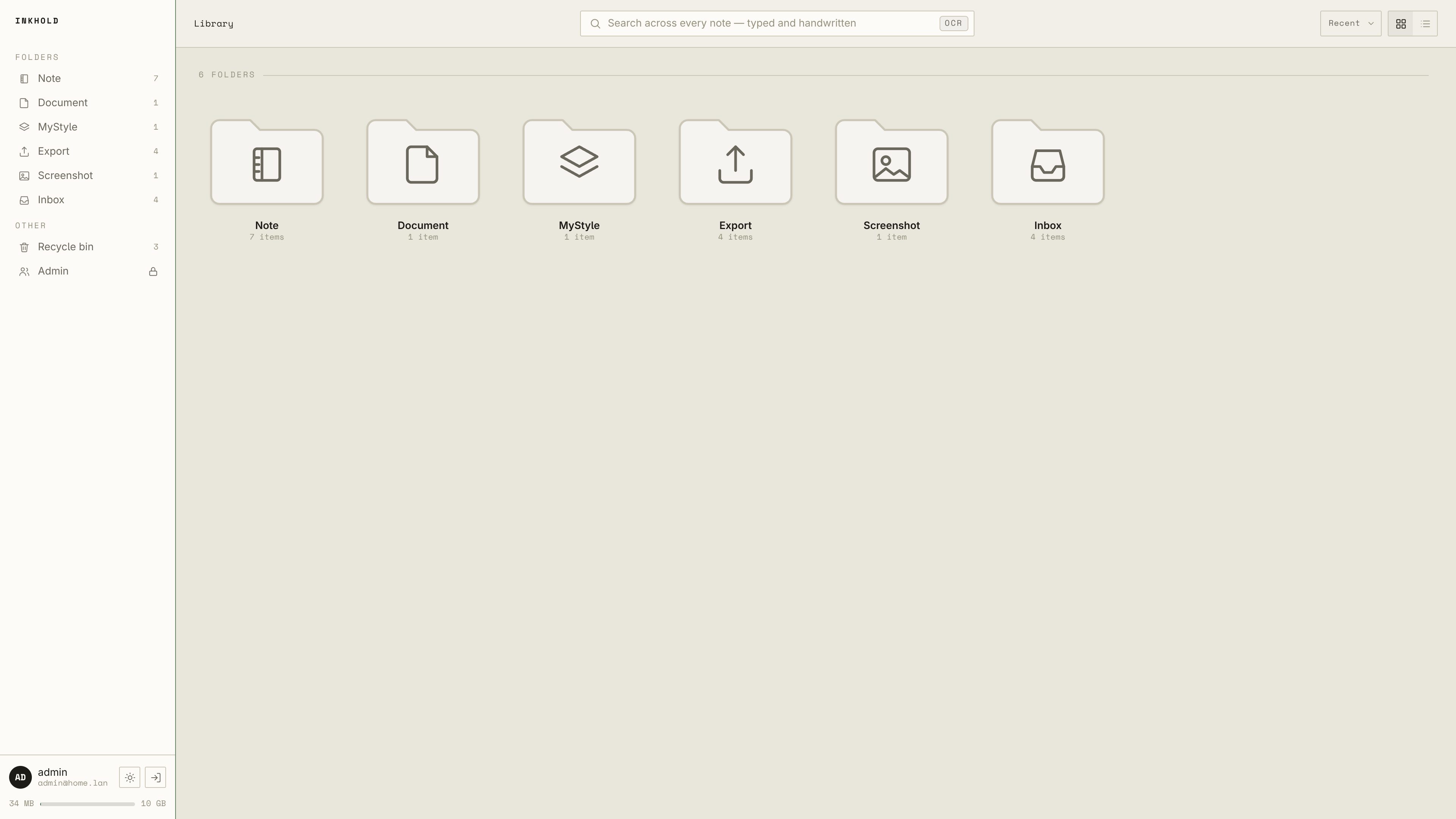 The Inkhold library: folder cards for Note, Document, MyStyle, Export, Screenshot and Inbox, each with an item count.
