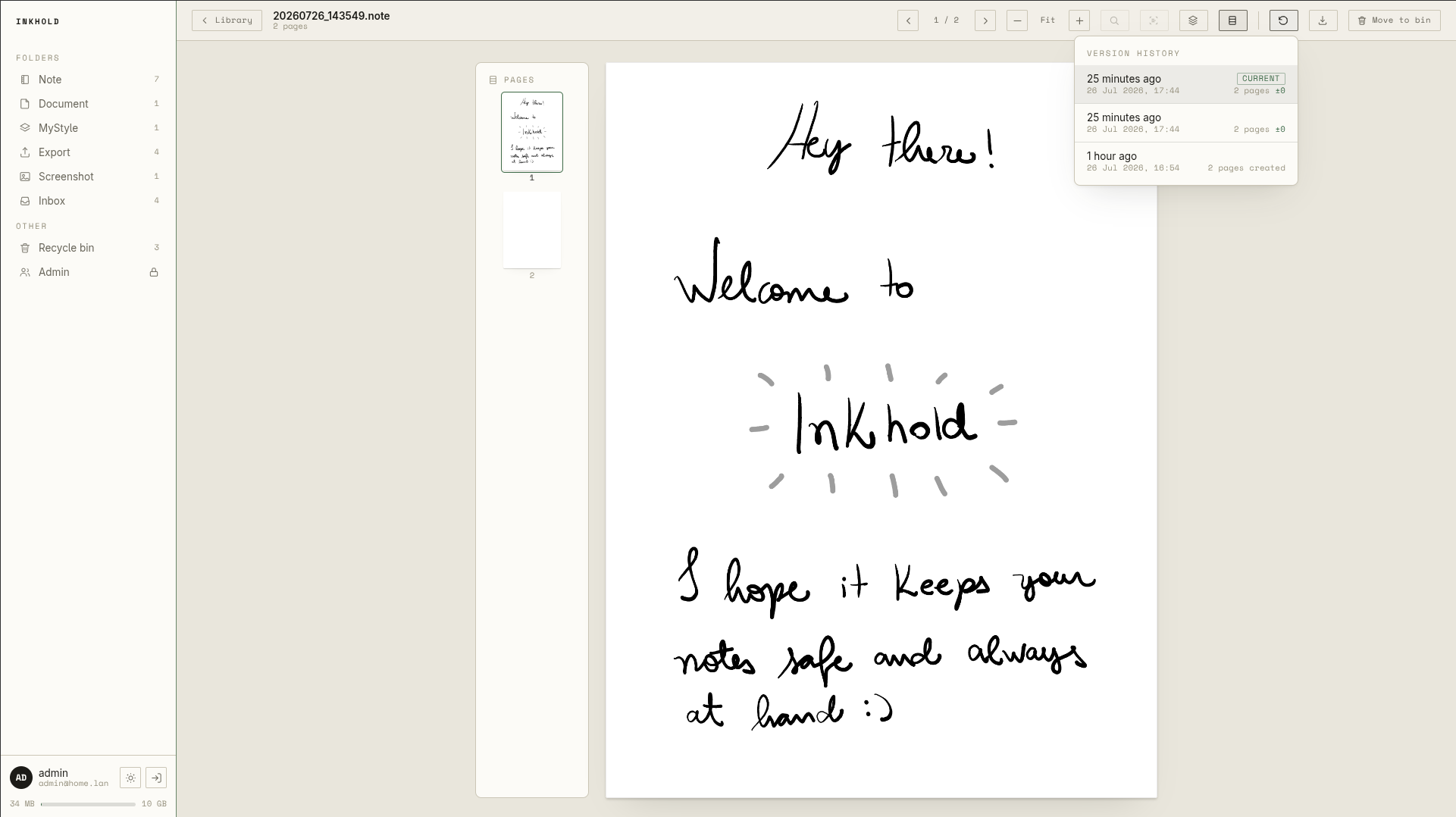 The version-history menu over an open notebook, listing timestamped versions with page-count changes (+1, −1, ±0, created) and a Current badge.