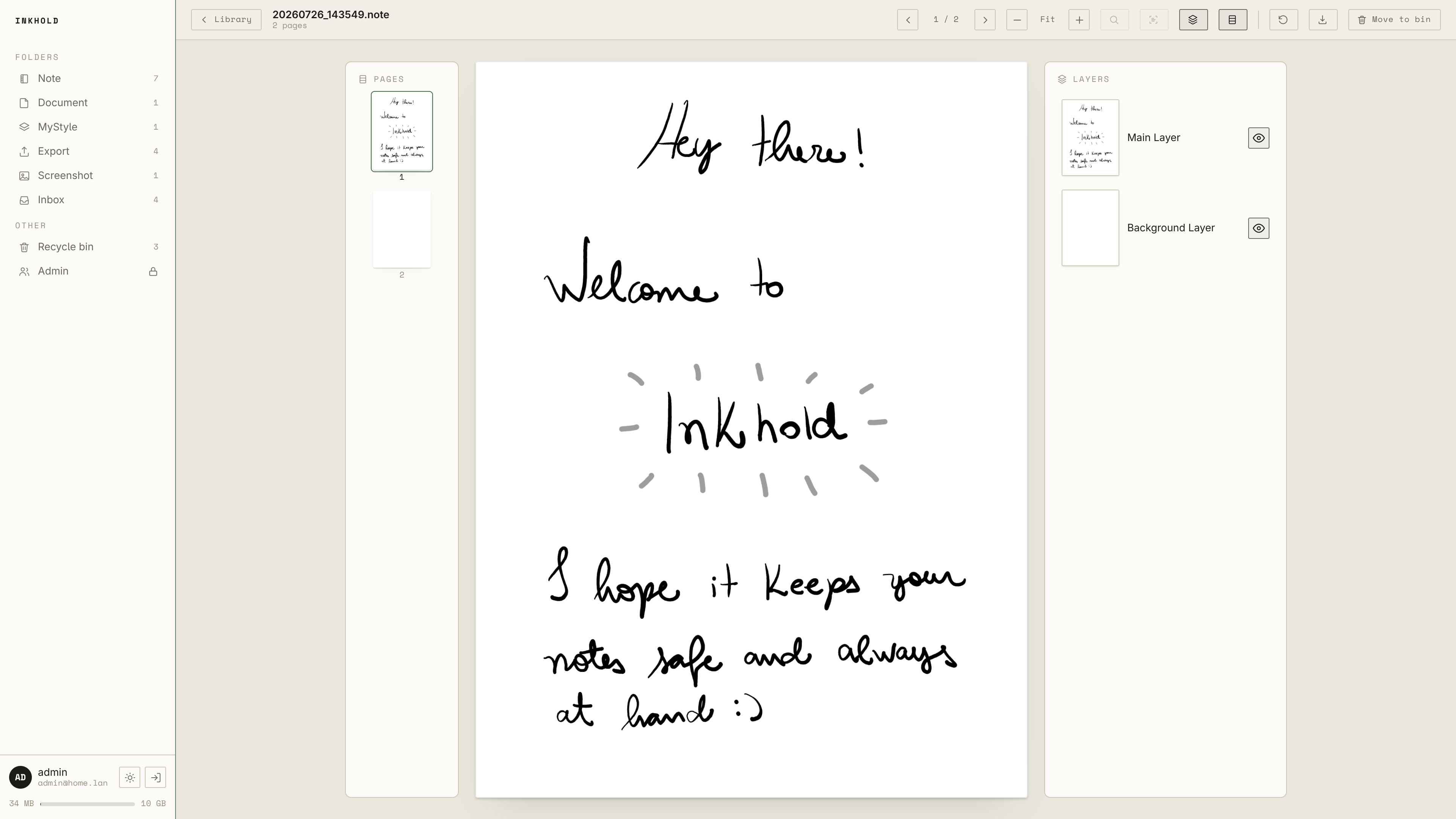 An Inkhold reader showing a handwritten notebook page: “Hey there! Welcome to Inkhold. I hope it keeps your notes safe and always at hand :)”